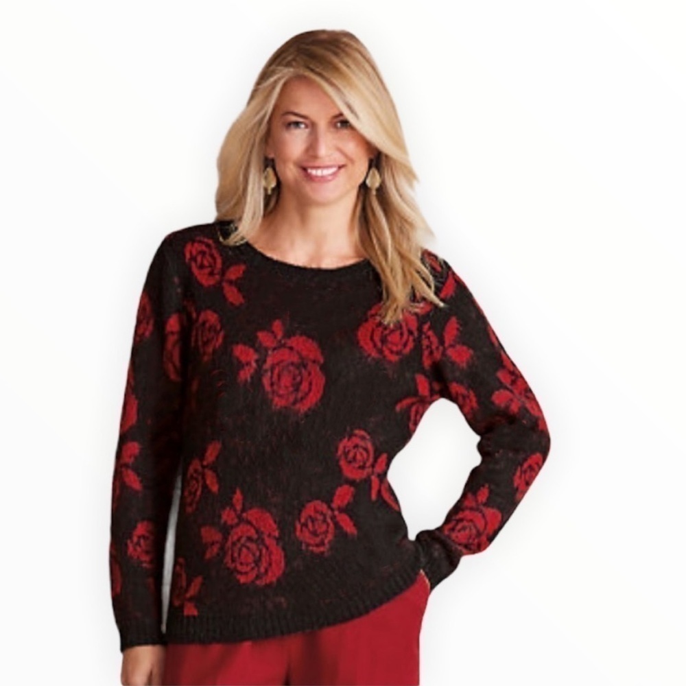 AVENUE Black Red Metallic Detail Rose Lightweight Sweater Whimsigoth Women 18/20 - Picture 12 of 12